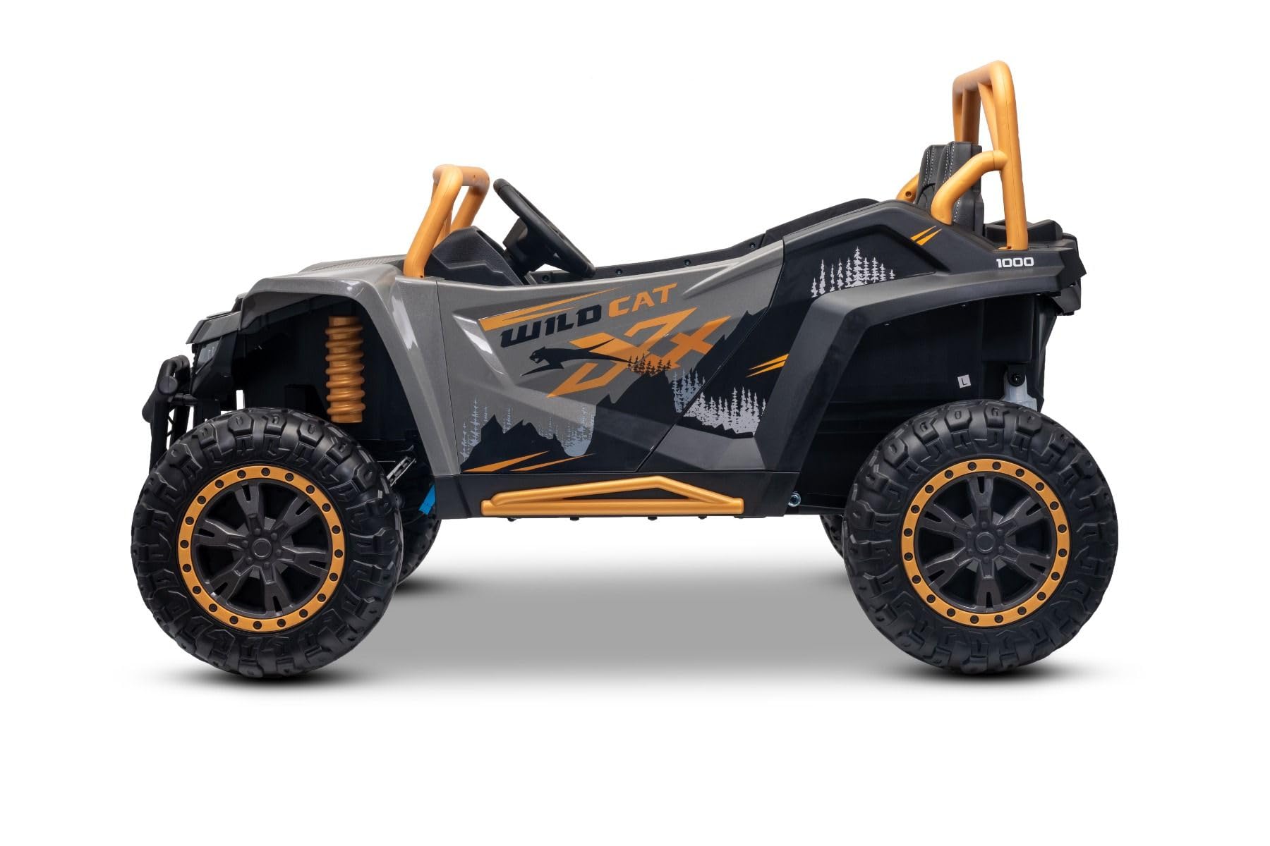 Buggy elettrico Artic CAT XXL 4x4 24V, grigio, due posti, ruote in EVA morbida, motori potenti, batteria al litio, lettore MP3 con Bluetooth, sospensioni posteriori, sedili in ecopelle, con licenza