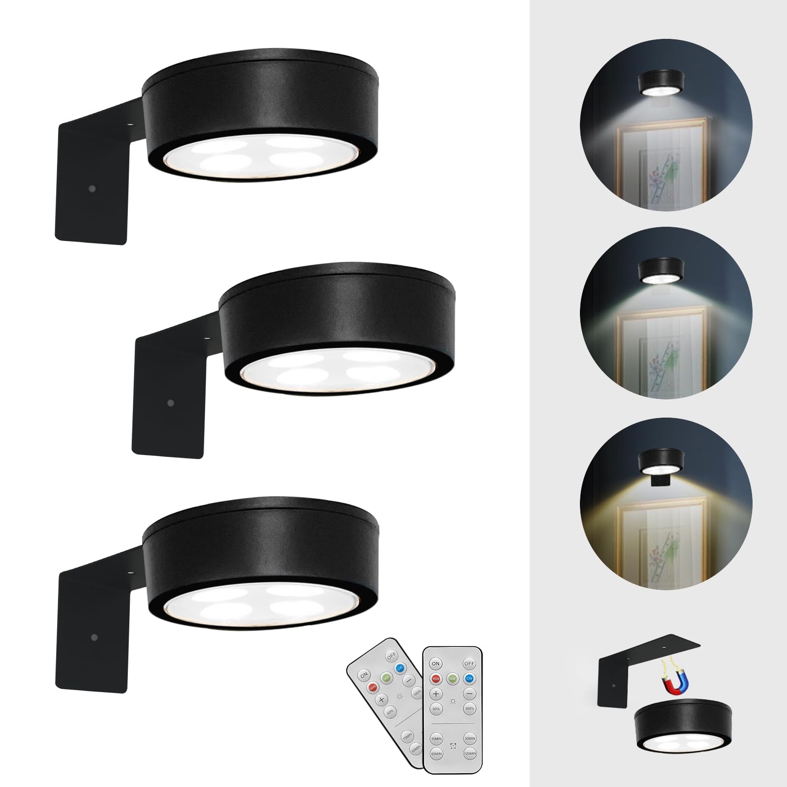 3PACK Bild Licht mit Fernbedienung - LED Kunstanzeige Batterie betrieben, Malerei Beleuchtung mit 3 Beleuchtungsfarben & Dimmbar für Kunst, Bilder, Dartboard, Fotorahmen und Portrait an der Wand