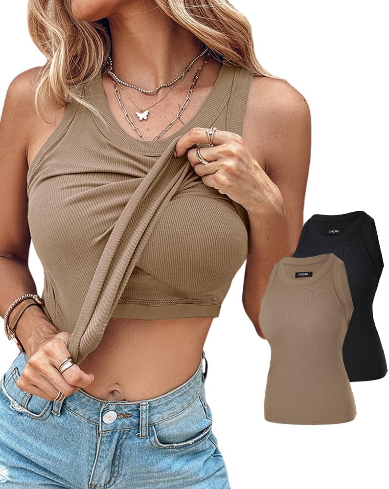 CHICME 2 Piece Built in Bra Tank Tops for Women Ribbed Tank Top Fitness Racerback Workout Tops