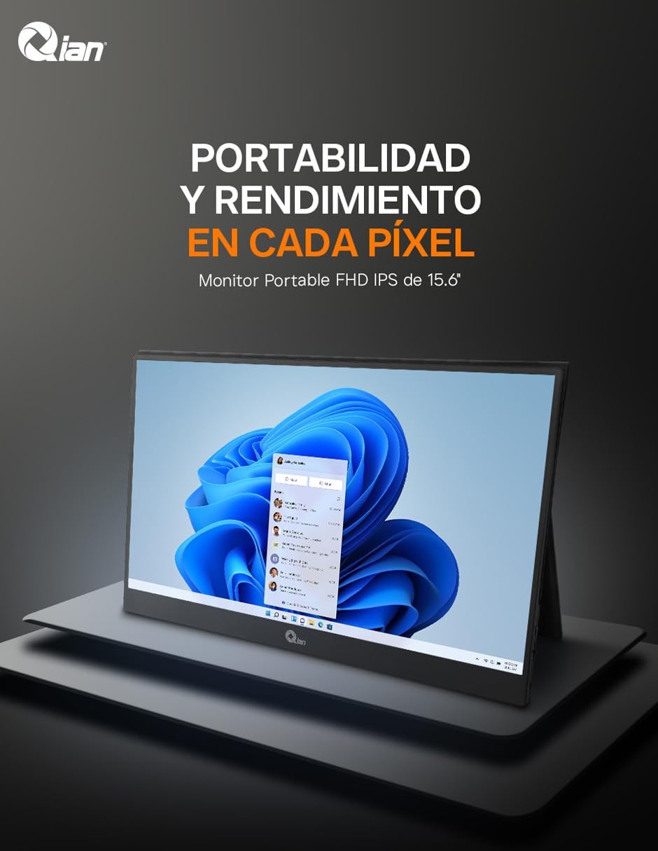 Qian Monitor Portátil IPS Full HD de 15,6" a 60Hz 1920 × 1080 con Soporte, Altavoces Duales, Segunda Pantalla Ultradelgada para Ordenador Portátil/PC/Mac/PS3/4/5/Xbox