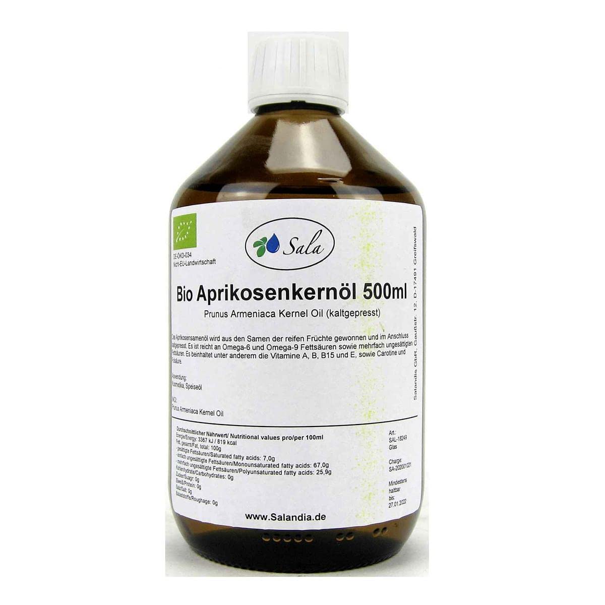Sala Aprikosenkernöl Prunus Armeniaca kaltgepresst BIO (500 ml Glasflasche)
