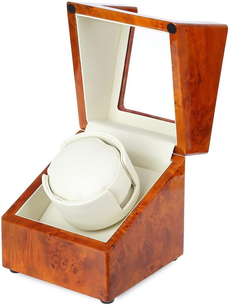 Brown Automatic Rotation Wooden Single Watch Winder Display Box Deluxe Flipping Transparent Cover