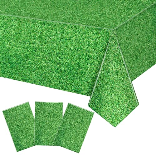 Image of Hxezoc 3 Pack Plastic Grass Tablecloths, 54 x 108 Inch Green Disposable Golf Table Cover for Golf Birthday Party Hole in One Decorations Outdoor Indoor Party Supplies