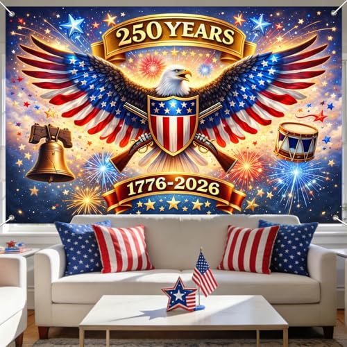 Image of IVN 250th Anniversary Banner 71 x 43 Inch 1776-2026 Patriotic Bald Eagle Stars Stripes Fireworks Photo Booth Backdrop Independence Day Party Decorations Memorial Day Veterans Day Wall Decor