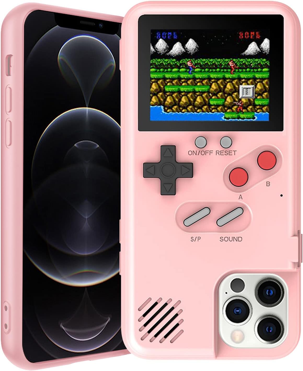 Gameboy Case for iPhone, Retro 3D Phone Case Game Console with 36 Classic Game, Color Display Shockproof Video Game Phone Case for iPhone Pink