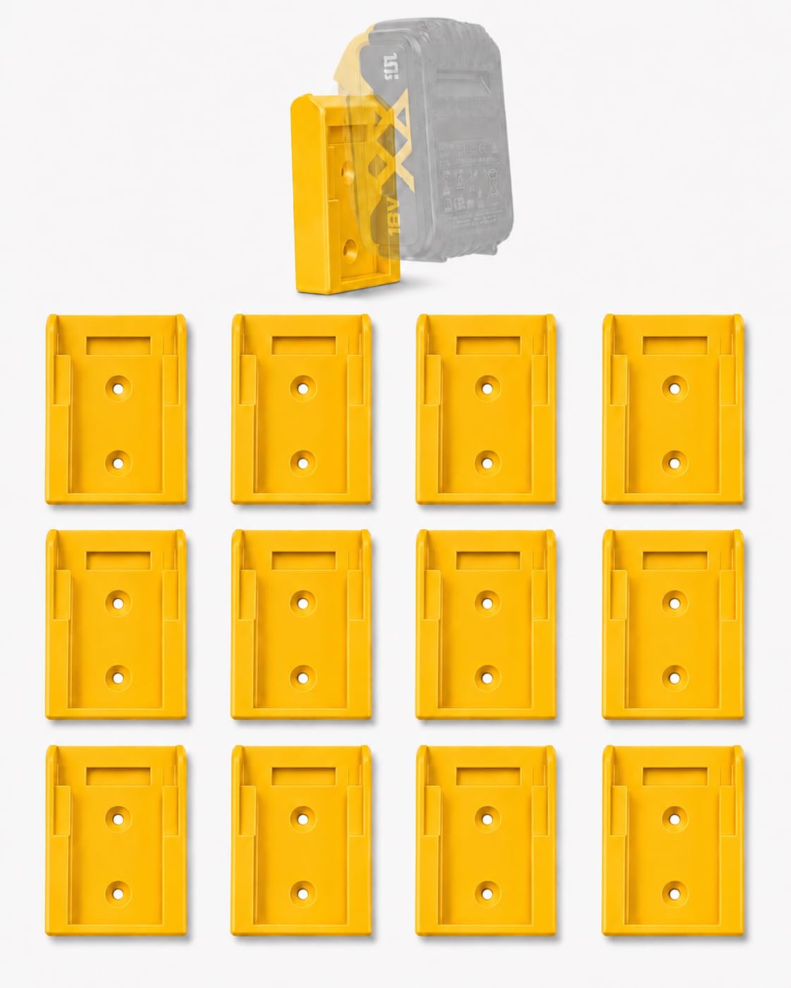 12 Pack | Battery Holder Mount Compatible with DeWalt 18V 20V 54V 60V MAX XR FlexVolt | Wall Mount Battery Storage Rack for Garage, Workshop or Van (12 Pack -Yellow)