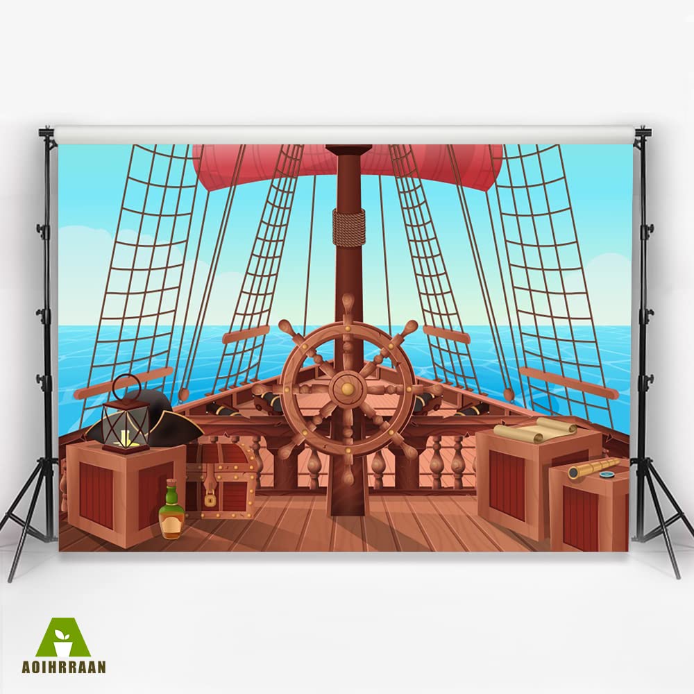 Aoihrraan 2,2x1,5m Cartone animato Nave Pirata Sfondo Barca Timone Ponte di Legno Scatola Mare Blu Vela Fotografia Sfondo Ragazzo Compleanno Avventura Festa a Tema Baby Shower Bambini Puntelli Foto
