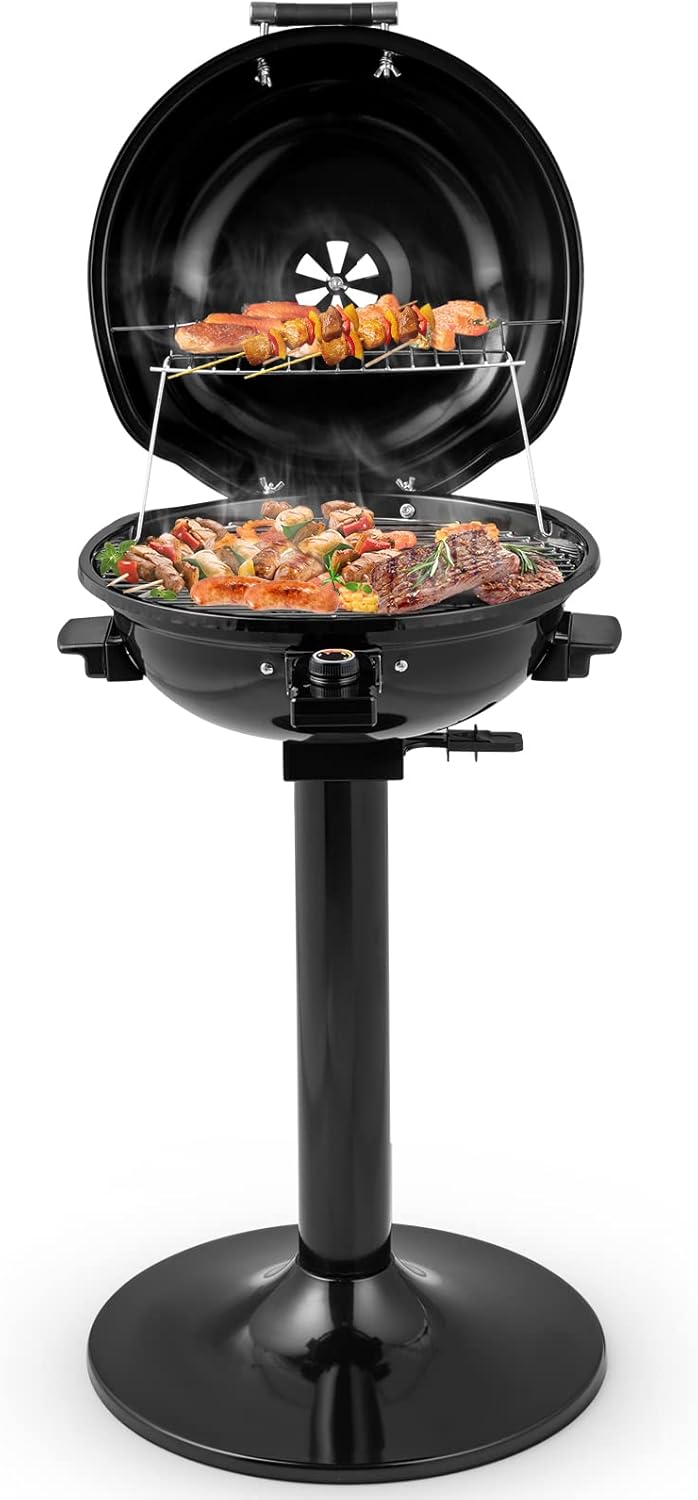 HAPPYGRILL 1600W Electric Grill Outdoor, Portable BBQ Grill with Warming Tray, Removable Non-Stick Grill Rack, Adjustable Temperature& Oil Drip Tray for Patio, Camping, Picnic (Balck)