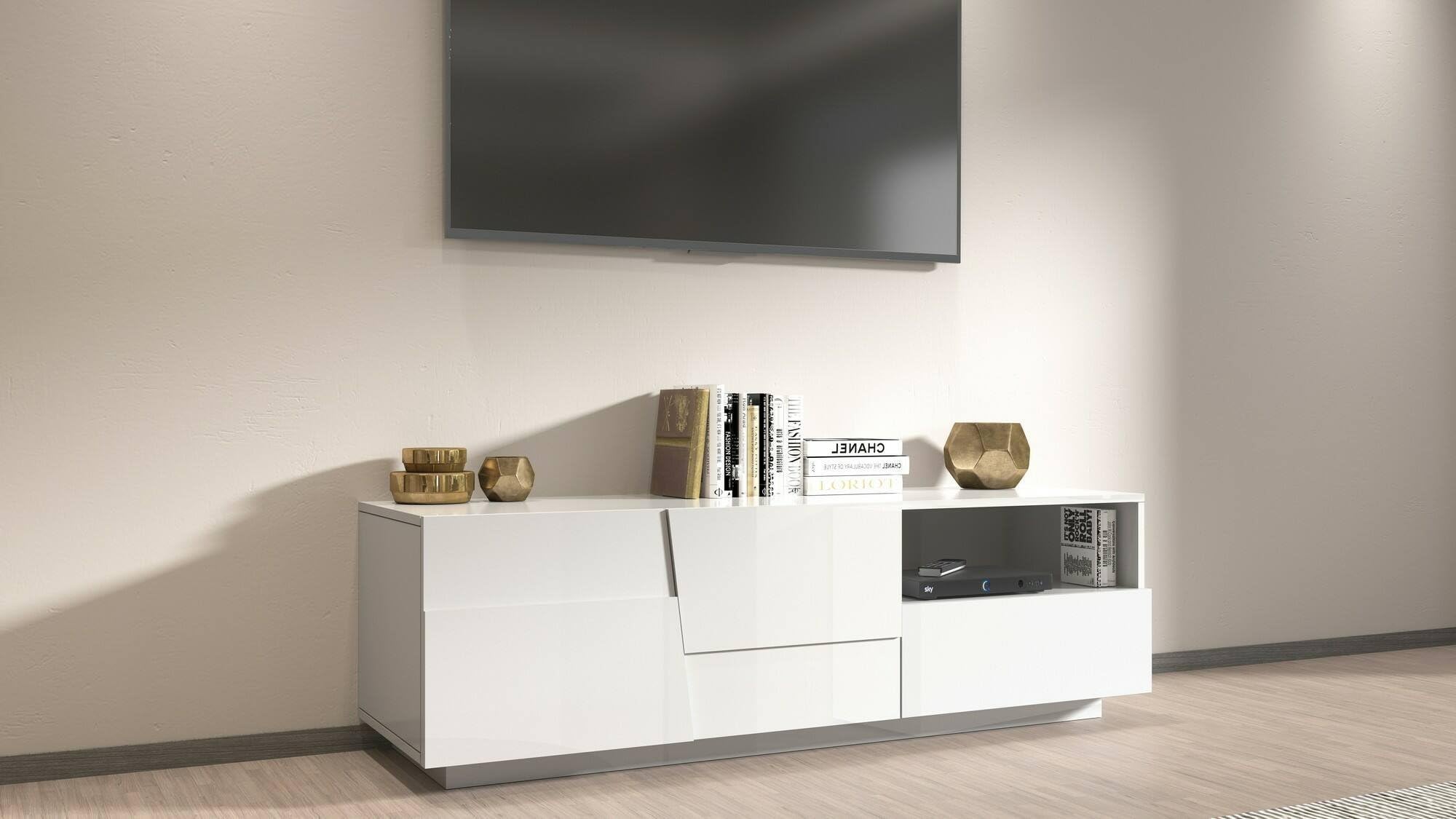 Dmora - Mobile porta TV Velio, Credenza bassa da soggiorno con 2 ante e 1 cassetto, Base porta TV, 150x44h46 cm, Bianco lucido