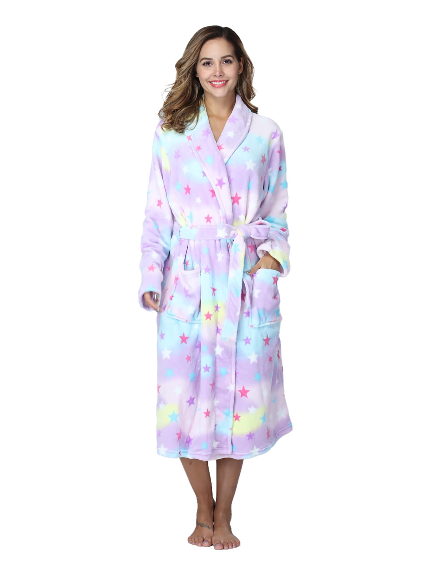 RONGTAI Women's Plus Size Fleece Robe Soft Thermal Bathrobe with Pockets and Belt,Solid Color Shawl Collar Robe