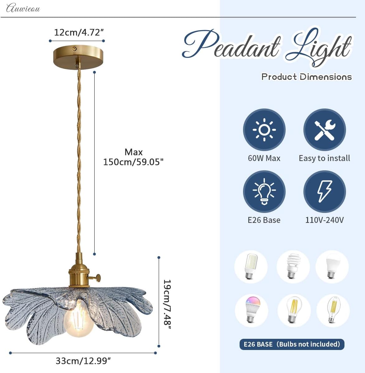 Glass Pendant Lights Kitchen Island 2 Pack Vintage Farmhouse Style with Blue Glass Flower Shade, Gold Unique Hanging Pendant Lighting for Dining Room Cabinets Bedroom entryway
