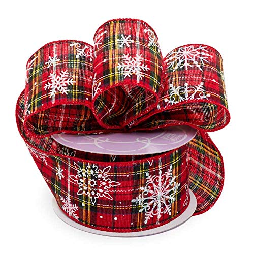 Image of Snowflake Plaid Wired Christmas Ribbon - 2 1 /2 inch x 10 Yards, White, Red, Gold, Garland, Gifts, Wrapping, Wreaths, Bows, Gift Basket, Boxing Day