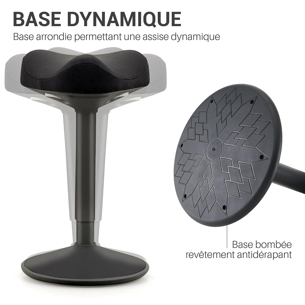 Tabouret Ergonomique à Bascule, Hauteur Réglable, Assise Confort Matelassée Forme Selle, Base Bombée Antidérapante, Noir