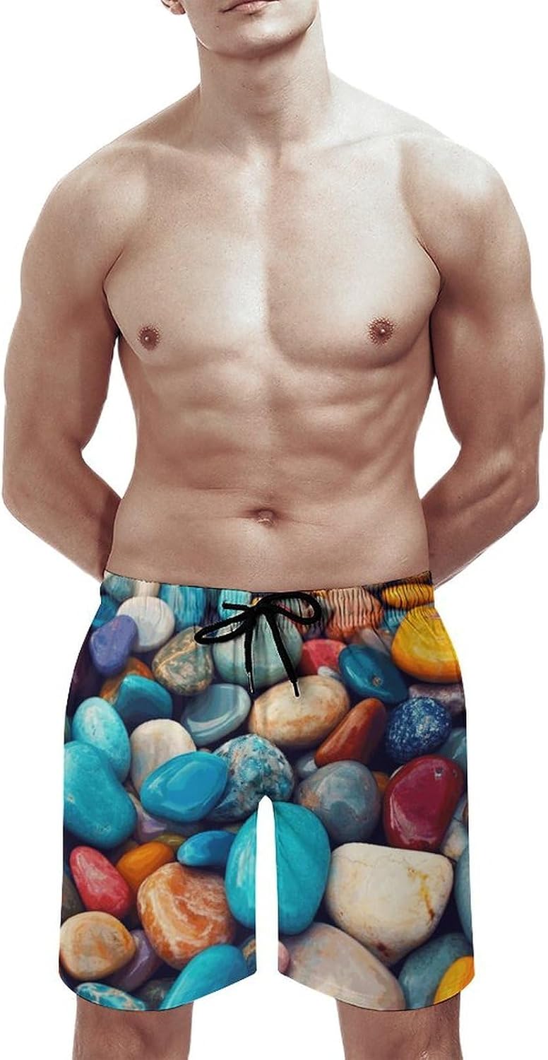 Mens Colored Stones Beach Short with Pockets Elastic Waist Drawstring Swim Trunks Casual Summer Board Short XX-Large (2X_l) White