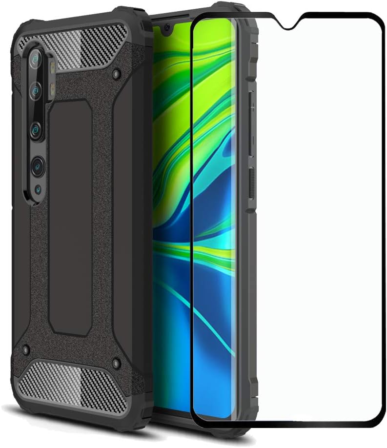 for Xiaomi Mi Note 10 / Xiaomi Mi CC9 Pro Case, 2 in 1 Shockproof Hybrid Dual Layer Heavy Duty Protective Cover with Tempered Glass Screen Protector (Black)