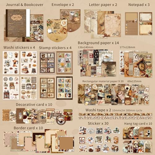 Image of emmoolife Scrapbooking Supplies Kit, Coffee Vintage Aesthetic Scrapbook Kit for Bullet Junk Journal, DIY Journaling Supplies with Coffee Bean Cup, Latte Art, Birthday Craft Gift for Teen Girl Women