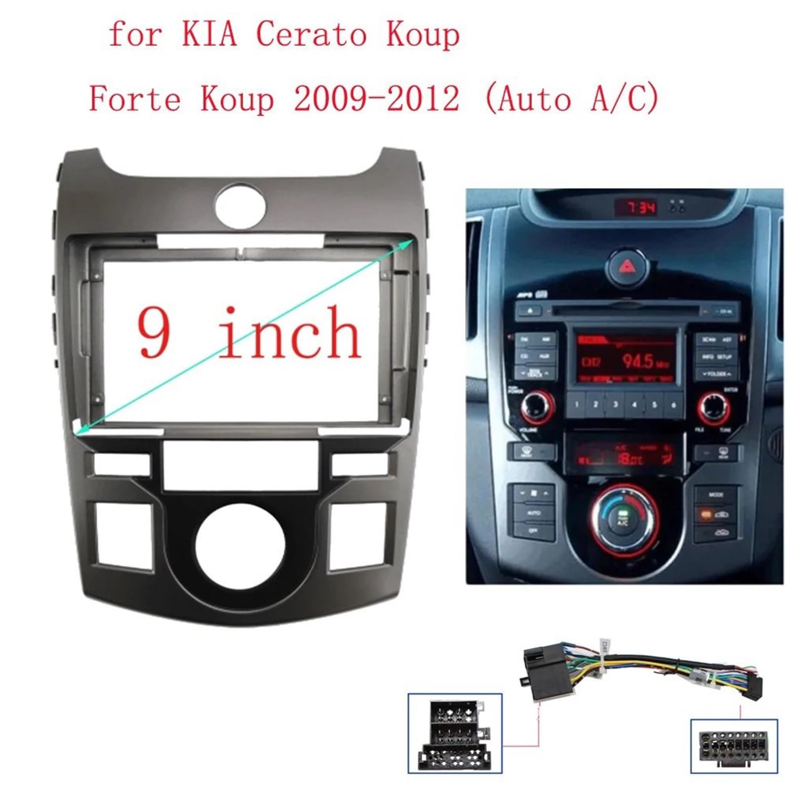 Autoradio Rahmen Adapter do ramy samochodowej 2din pasujący do zestawu montażowego panelu deski rozdzielczej z radiem i audio 9 cali Pasuje do KIA Cerato Forte Koup Ramka do radia(Frame add cable)
