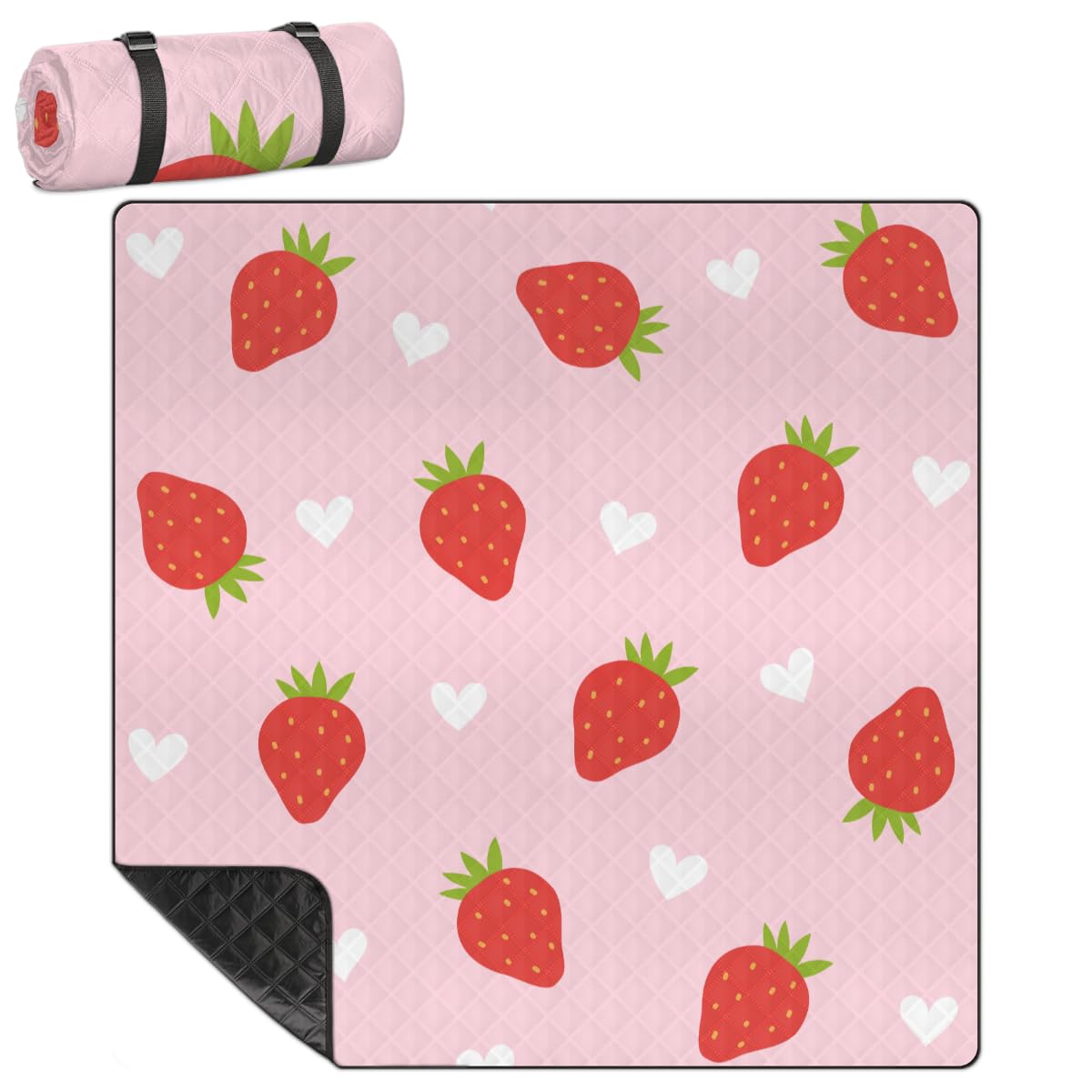 Shimoshe Extra Large Picnic Blankets 79”x 79”, Love Strawberry Waterproof Foldable Picnic Mat with Straps Portable Beach Blanket for Camping Park Grass Beach Indoor