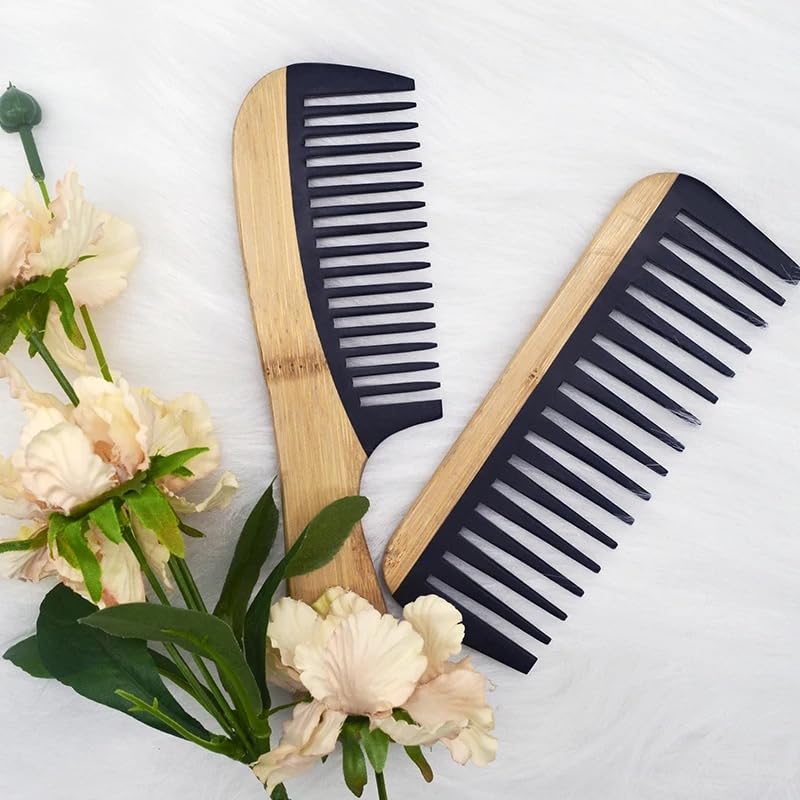 Miniatura 9 de OREN'S - Peine de baquelita de bambú, diseño de dientes anchos antiestático para cabello grueso y encrespado