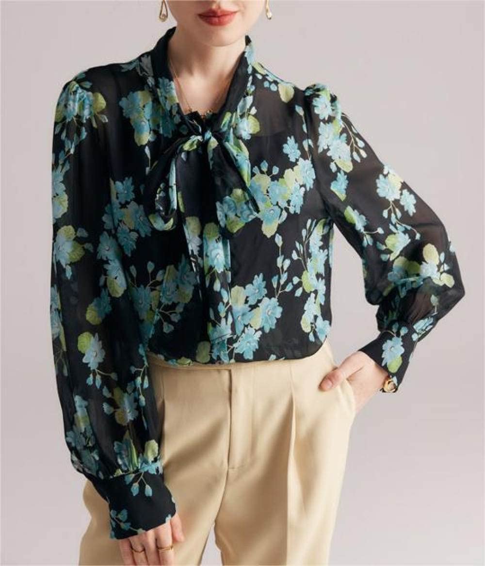 MIDJ Damenhemden,Damen Boho Blumendruck Leichte Schleife Am Hals Elegante Satinbluse Shirt Fledermaus Langarm Blau Tunika Shirt Tops Lässige Büro Business Bluse Für Mädchen Damen