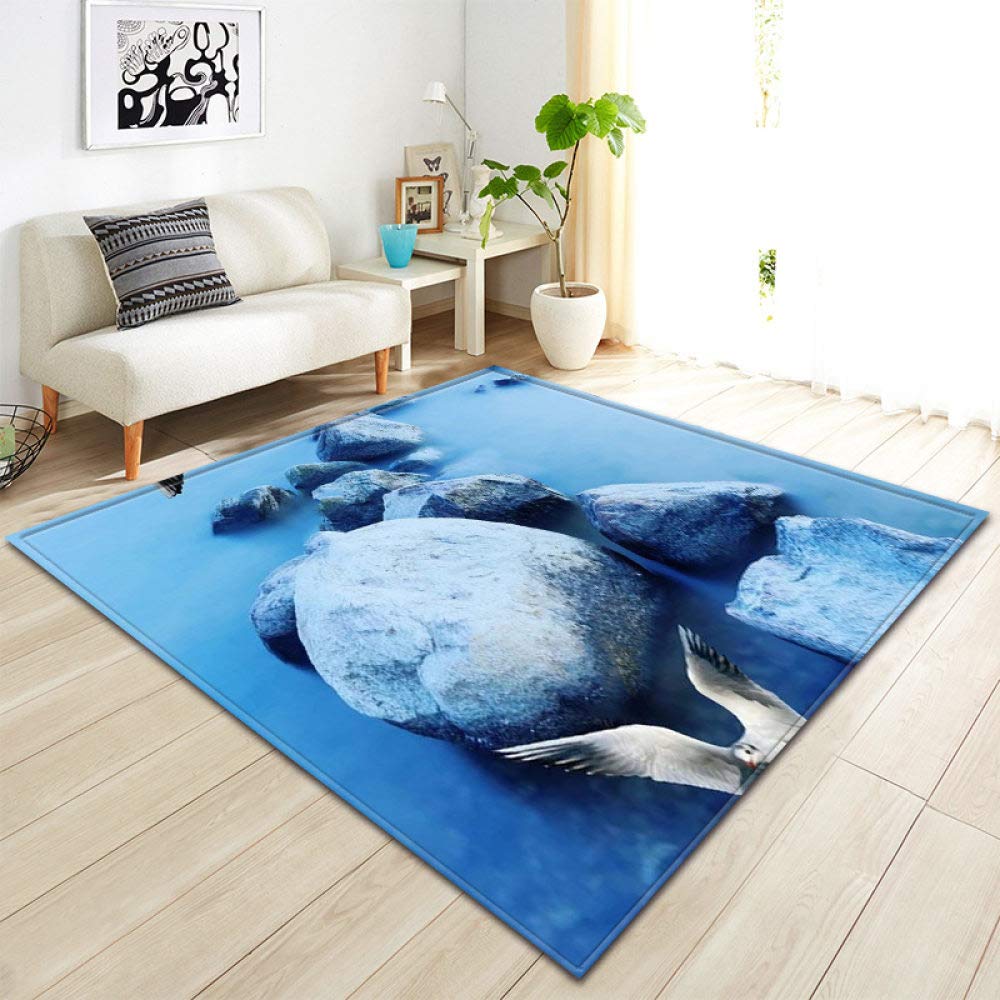generic Short Pile Rugs,Anti-Slip Blue Stone Bird Area Rugs Artistic For Living Room Short Pile Carpet Modern Soft Bedroom Pad,For Decorative Home Accessories,80 * 120 Cm