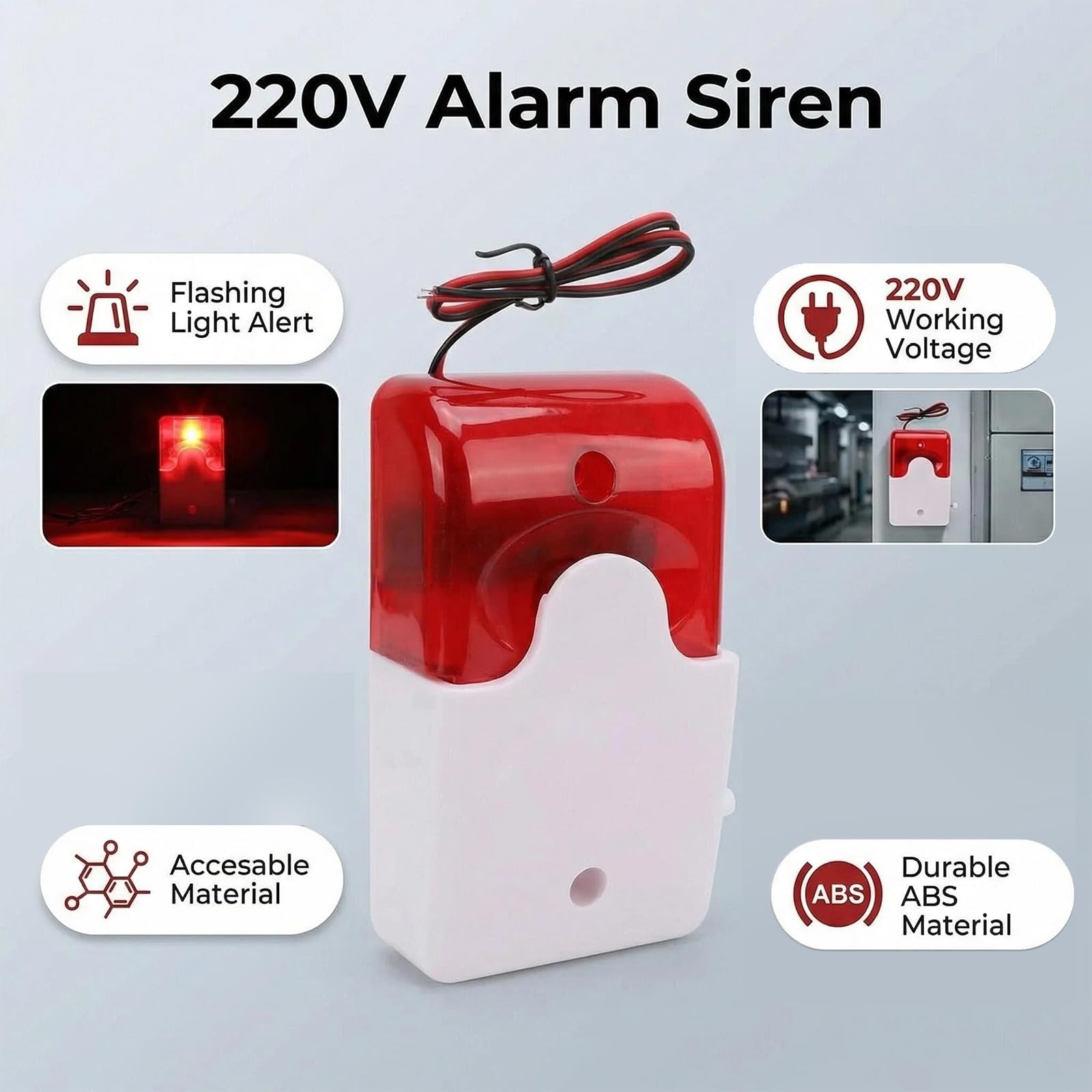 Głośny alarm dźwiękowy z migającym światłem, syrena 220 V, regulowana syrena alarmowa 110 dB z lampą błyskową, stroboskop do systemów bezpieczeństwa w miejscach publicznych, wysoka decybela, ewakuacja