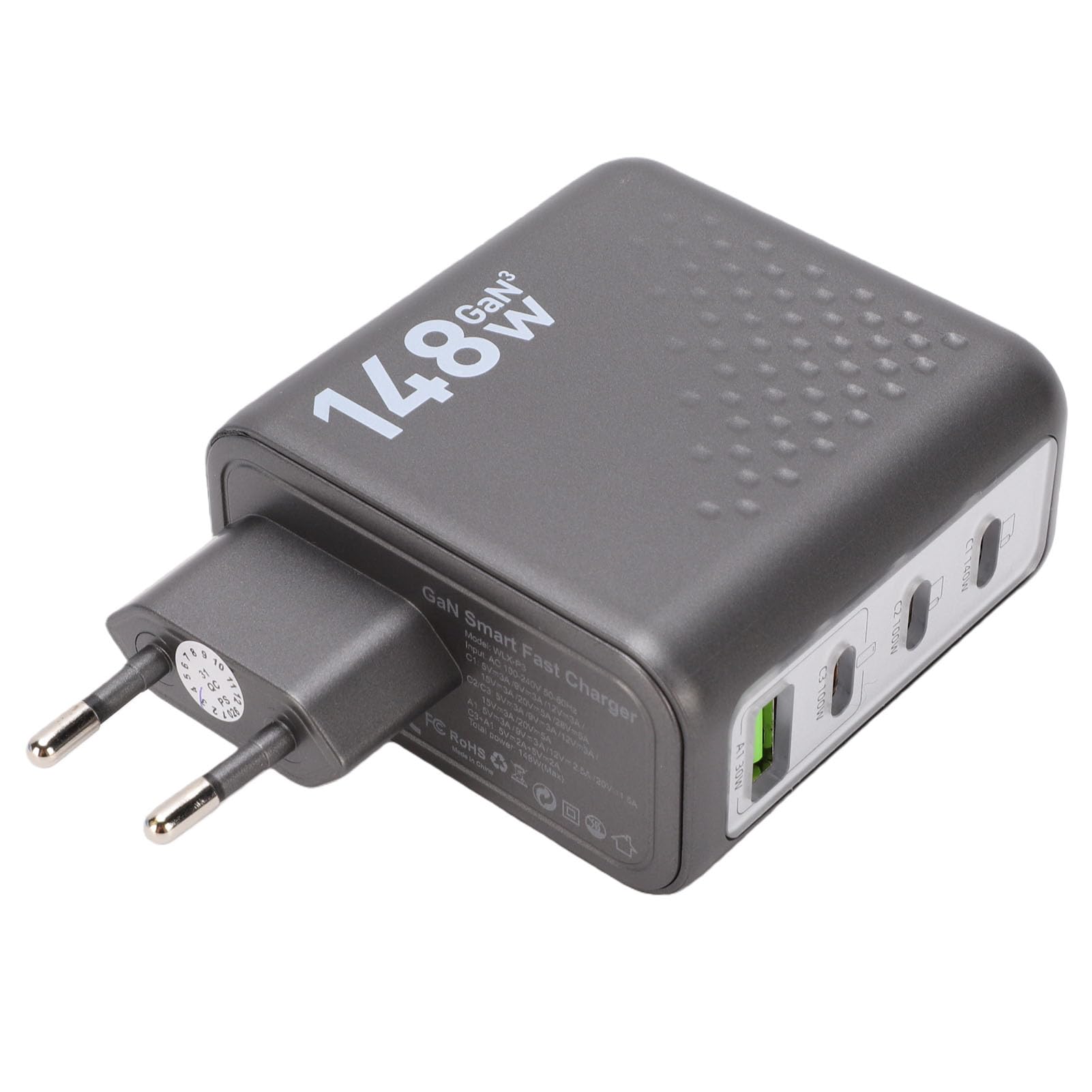Jiawu Bloque de Cargador USB C de 148 W, Bloque de Cargador USB C GAN de 4 Puertos, de Pared con Pantalla Inteligente, Adaptador de Corriente de Carga Rápida para Teléfonos de (Enchufe de la UE)