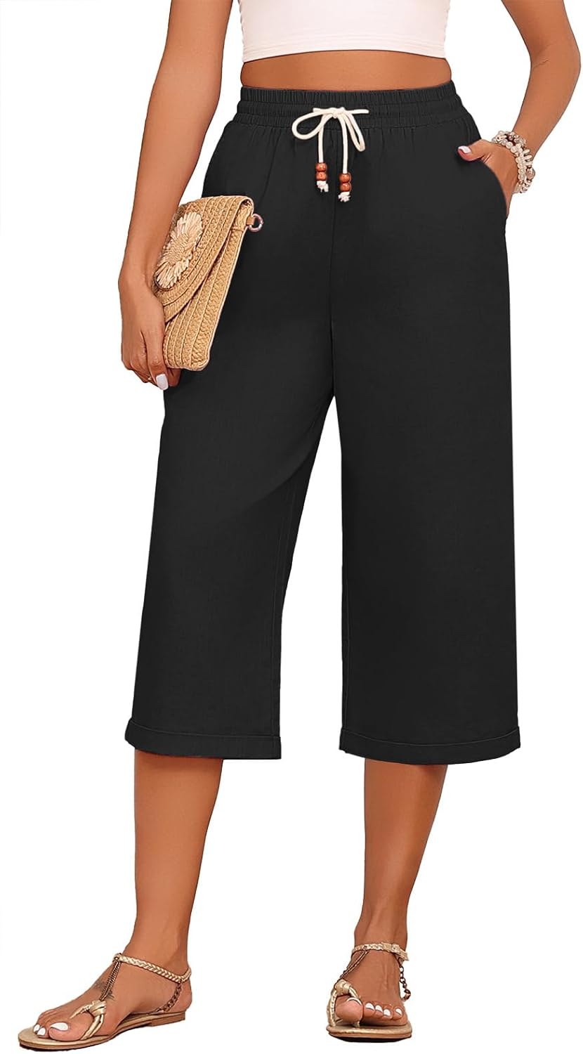 Askyes Womens Capri Pants Cotton Linen High Waisted Wide Leg Lounge Pants Casual Summer Palazzo Pants Trouser with Pockets - Image 3