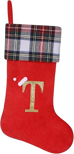 Miniatura 44 de Calcetines de Navidad personalizados con monograma inicial, adornos colgantes, medias clásicas de cuadros rojos de 19 pulgadas, decoraciones
