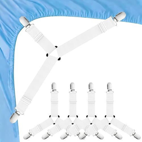 Morcheiong Paquete de 4 correas ajustables para sábanas con clips para sábanas, sofás y manteles, color blanco