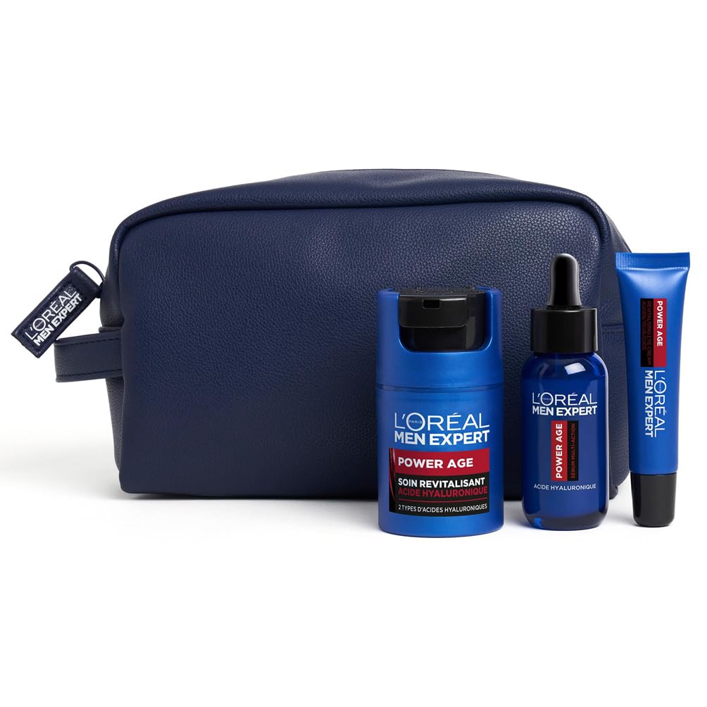 L'Oréal Men Expert - Trousse Routine Experte pour Homme - Soins Visage Revitalisant & Anti-Âge - À l'Acide Hyaluronique - Pour Tous Types de Peaux - Power Age - 3 Produits