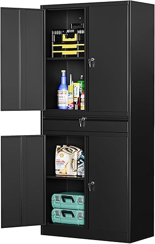 Vista 137 de MIIIKO Armario de almacenamiento de metal con puertas de bloqueo, armarios de acero con cerradura de garaje negro con 4 puertas y 5 estantes
