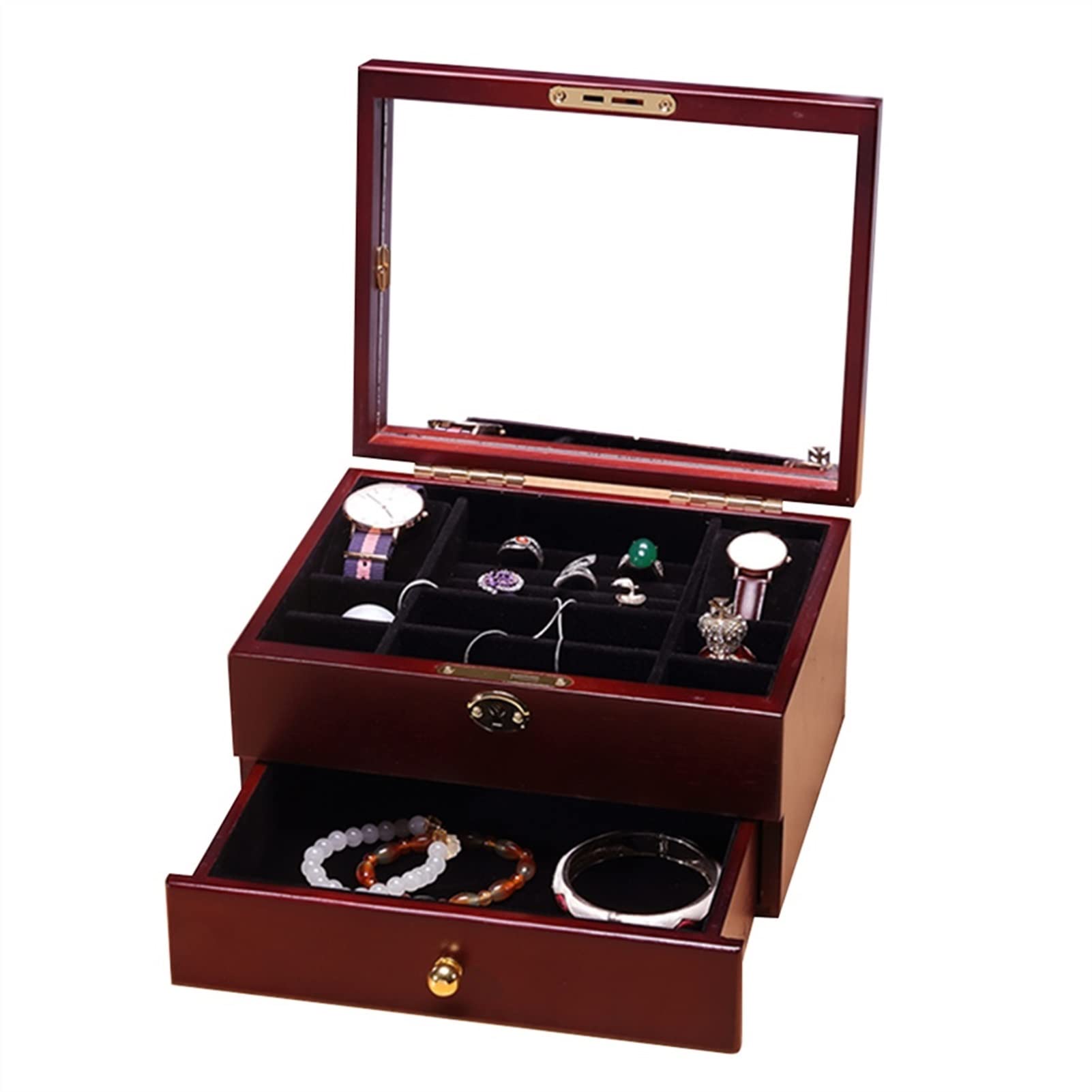 Jewelry Box Organizer Wooden Jewelry Display Storage Case with Lock Built-in Mirror Jewelry Storage Box (Color : B)
