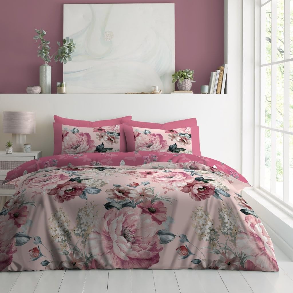 Lions King Size Duvet Cover Sets - 3 Pcs Poly Cotton Pink Floral Bedding with Matching Pillowcase, Soft Reversible Flowers Printed Quilt Covers, 230x220cm