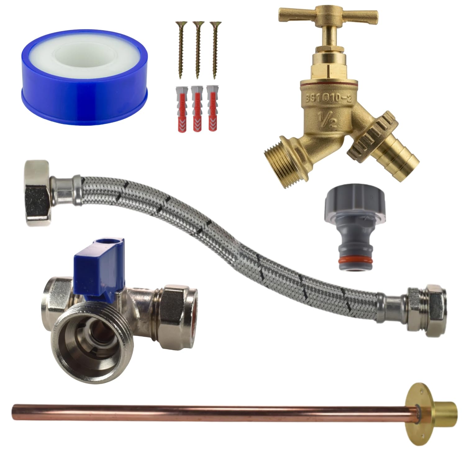 Through Wall Tap Connection Kit Garden Cold Water Brass Bib Complete Installation Set DIY Outdoor Water Tap Fittings