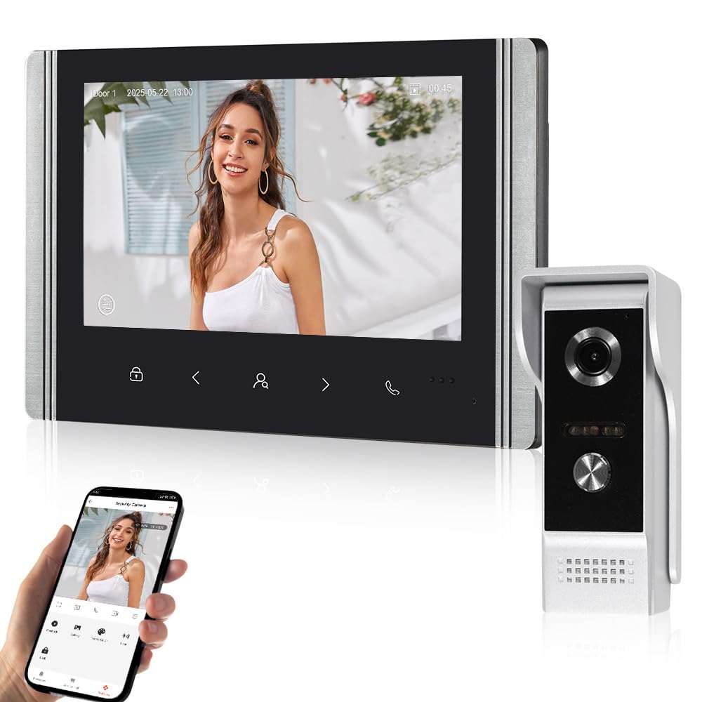WiFi Tuya Système d'interphone vidéo de porte intelligent pour la maison, Caméra de sonnette vidéo HD 1080P avec moniteur, Écran couleur LCD IPS de 17,8 cm (7 pouces), Audio bidirectionnel