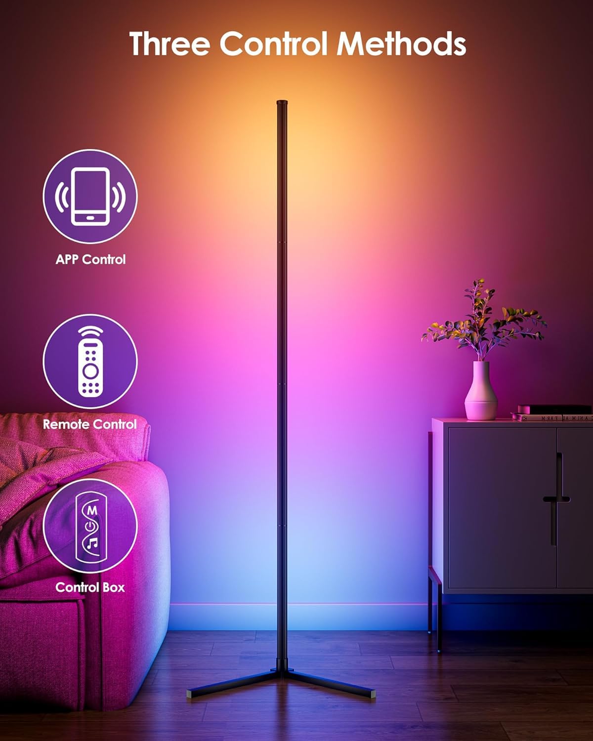 Lampadaire d'angle LED avec application et télécommande, 16 millions de couleurs à faire soi-même et plus de 68 scènes, synchronisation de la musique, lumière d'ambiance intelligente à
