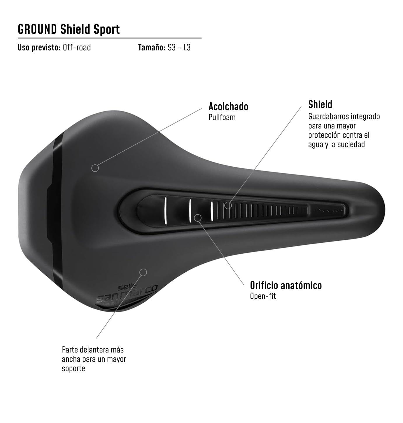 Selle San Marco Ground Shield Sport – Sillín MTB/Off-Road con Protector de Barro y Agujero Anatómico, Raíles de Acero