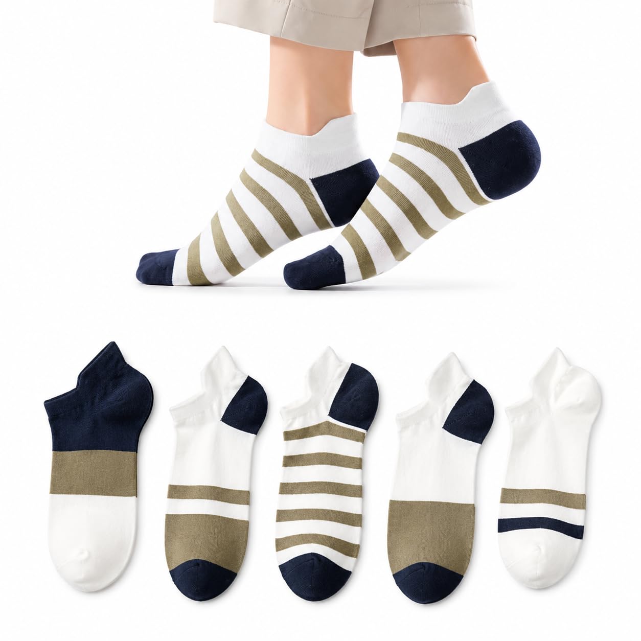Men's Premium Cotton Cushion Ankle Socks | Advanced Breathable Sports Short Socks with Heel Tab | Low Cut Running Gym Striped Sneaker Socks Combo - Pack of 5 Pairs (Multicolor)-image-31