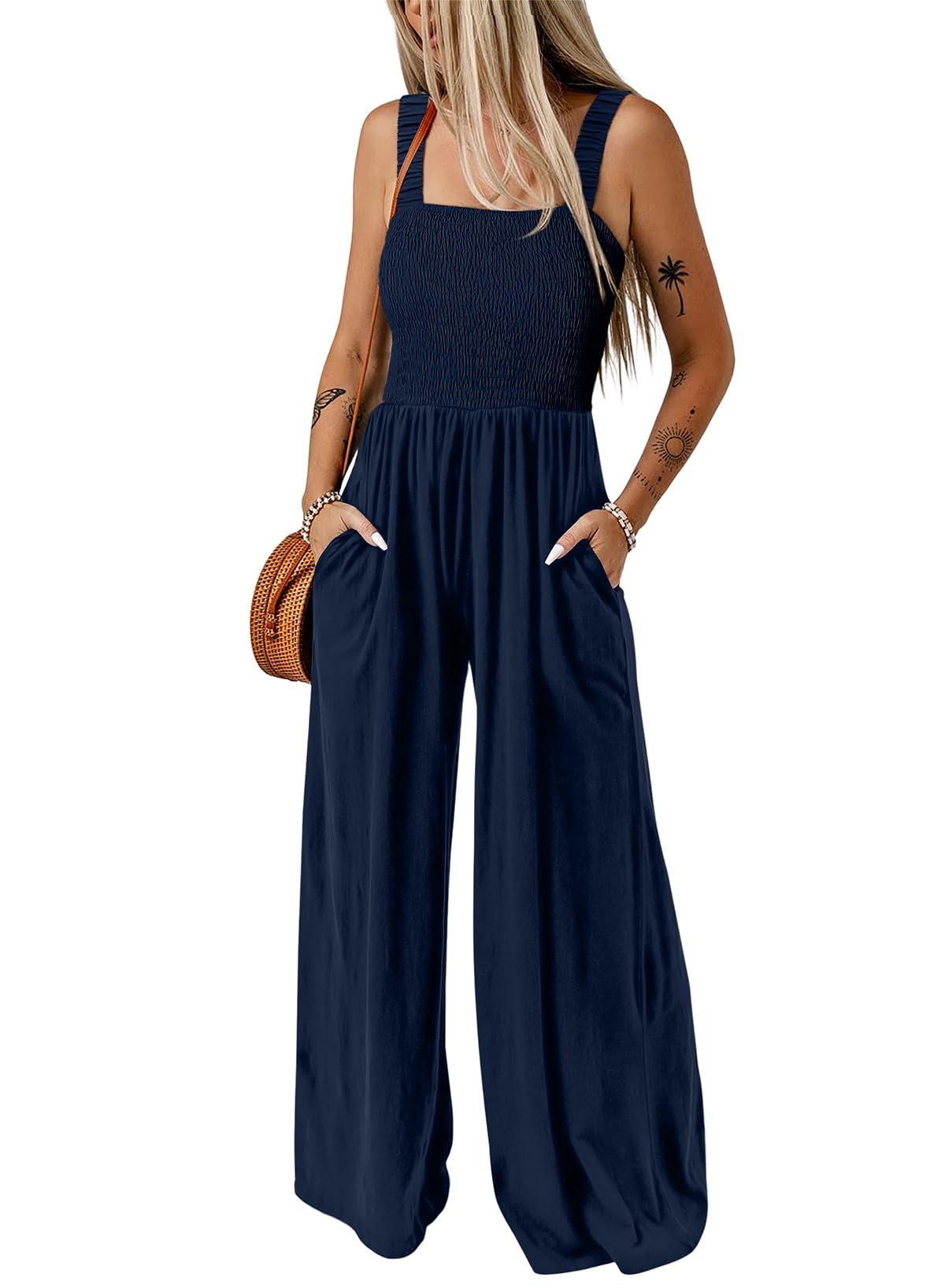Dokotoo Jumpsuit Damen Sommer Latzhose Casual Lose Overalls Weites Bein Lang Romper mit Taschen S-2XL