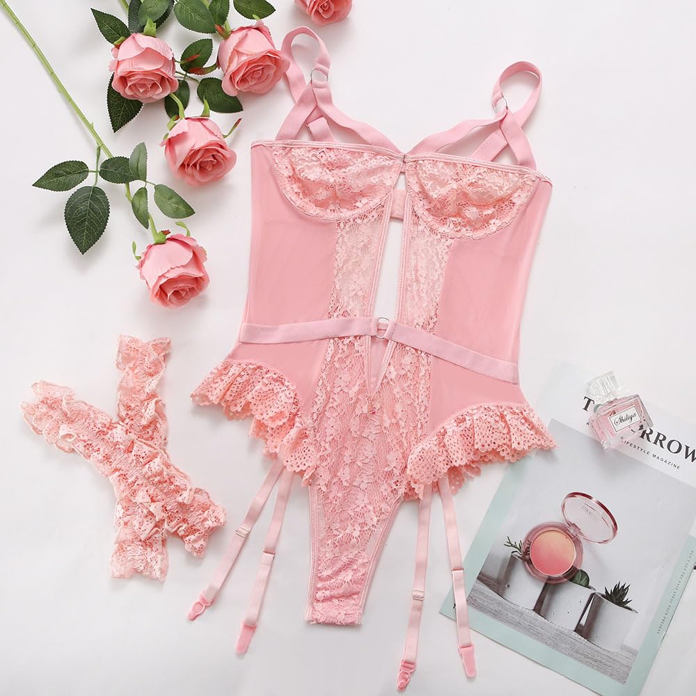 Sexy outfit Damskie komplety bielizny siatkowej z szerokim pasem do pończoch Body z fiszbinami push-up, jeden rozmiar Seksowna kwiecista koronka na ramiączkach Teddy Babydolls Zestaw bielizny z