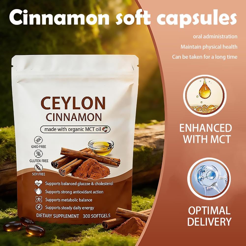 Ceylon Cinnamon Capsules z olejem MCT, wysoka absorpcja, bez GMO, bezglutenowe, 300 kapsułek żelowych