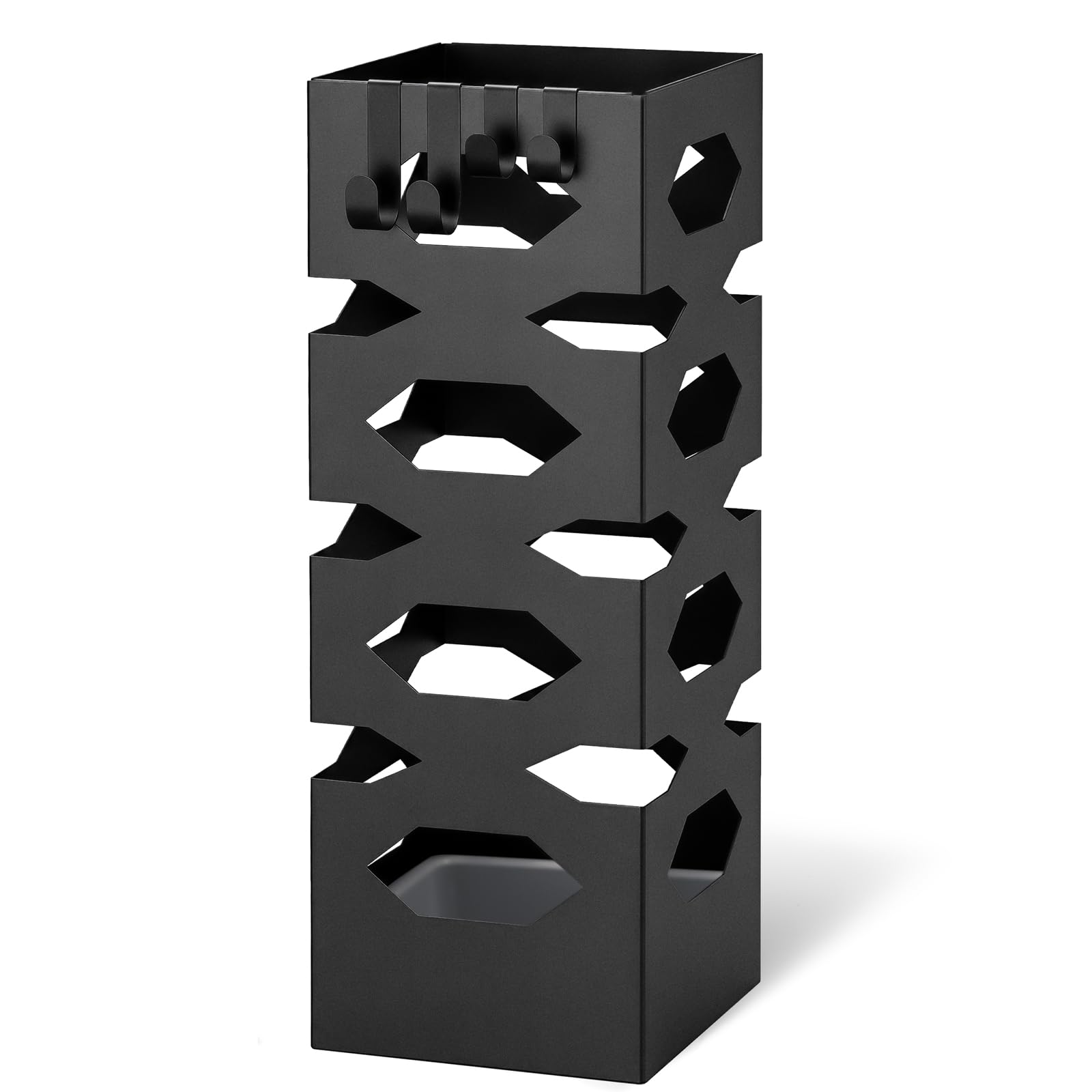 VOUNOT® Metal Umbrella Stand, Square Umbrella Holder, Freestanding Umbrella Storage Rack with Drip Tray & 4 Hooks, Hexagon Pattern for Entryway, Home, Office, 15.5 x 15.5 x 43.5 cm, Black