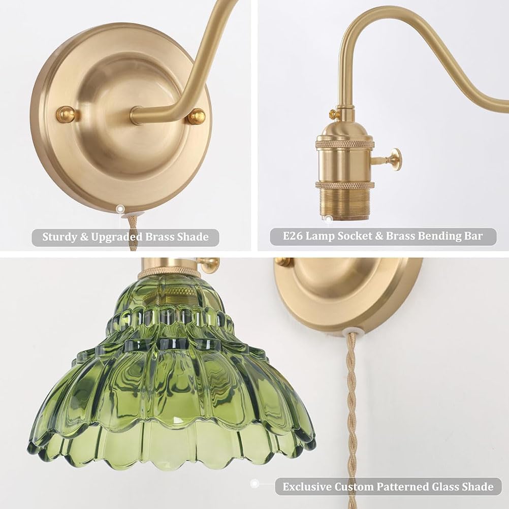 AoLa Vintage kinkiet z włącznikiem i wtyczką, mosiężna lampa ścienna E27 z regulowanym kablem o długości 150cm Zielone kryształowe oświetlenie ścienne Złota lampa dekoracyjna motywem kwiatów,2 Stück