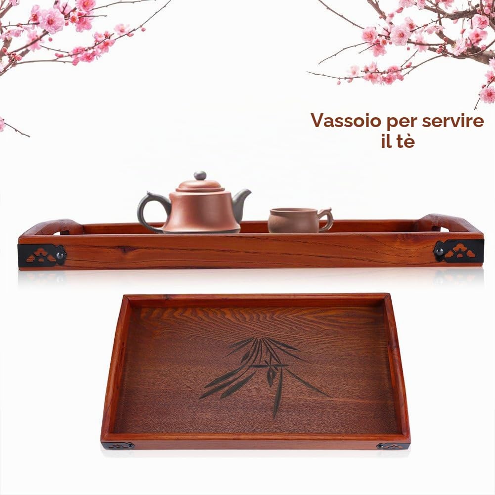 45 * 27 * 3cm Vassoio da Tè in Legno Bambù Mini Vassoio da Tavola Tavolo da tè Forma Rettangolare Massiccio Tè Caffè Snack Food Pasti Vassoio Piastra Ristorante Vassoi Con Maniglia per Casa Ufficio
