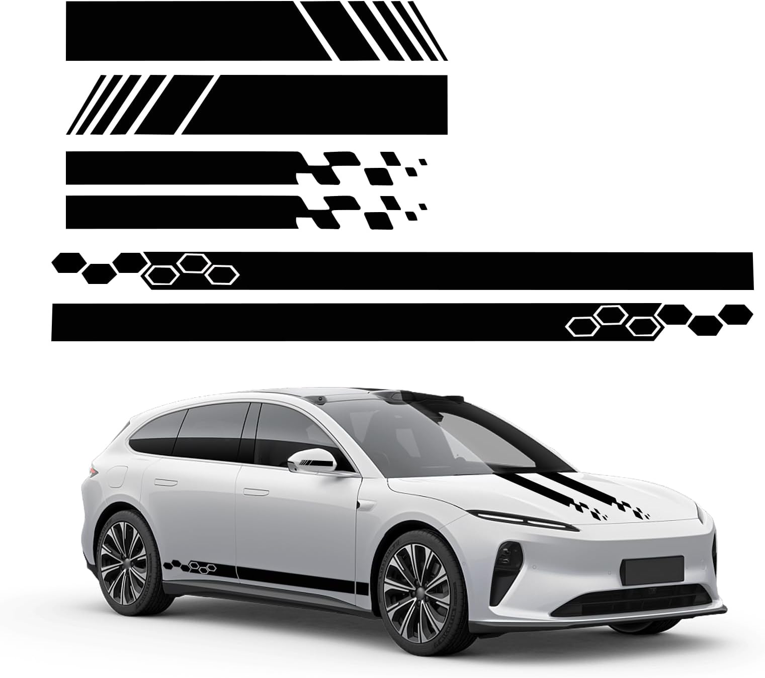 Augeny 6PCS Car Hood & Side Stripe Decals, Modified Auto Rearview Mirror Decal, Universal Graphic Stripe Decor for Car Skirt Roof Bumper (Style1, Black)