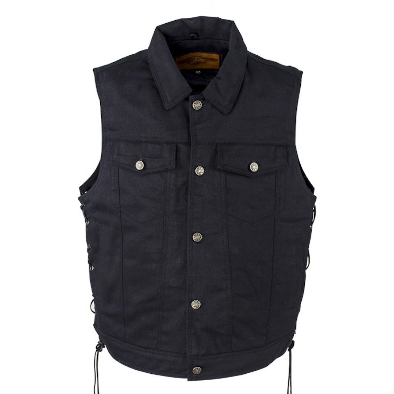 Mens Black Denim Motorcycle Vest Fold Down Collar Side Laces (L)