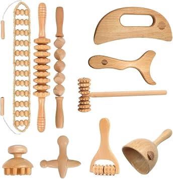 10pcs Wood Therapy Massage Tools for Body Contouring & Shaping, Maderotherapy Kit with Lymphatic Drainage Massager, Wooden Body Sculpting Tools, Pain Relief Wooden Massage Roller