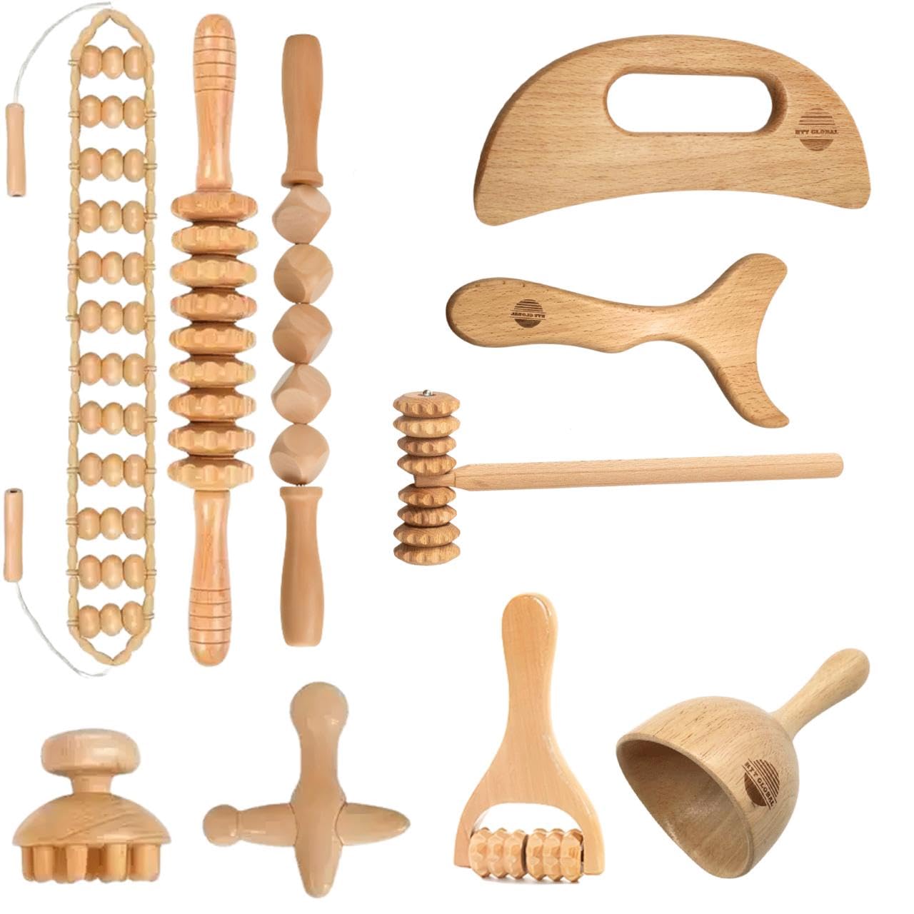 10 strumenti di massaggio per terapia del legno per corpo e schiena, strumento di massaggio in legno, rullo per massaggio anticellulite, strumento di drenaggio linfatico per sollievo muscolare