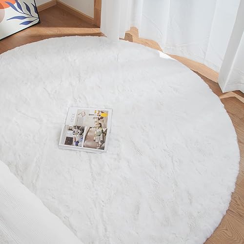 Miniatura 2 de Alfombras redondas blancas de 6 pies de pelo sintético de conejo lavable para sala de estar, alfombras redondas esponjosas para dormitorio, alfombra